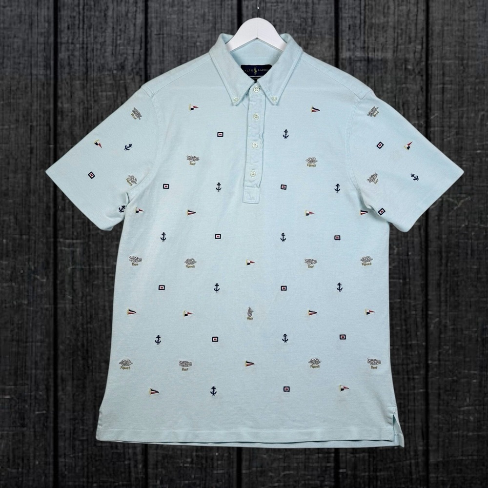 Ralph Lauren Mens Large Blue Polo Shirt Sailboats Knots Anchor Embroidered